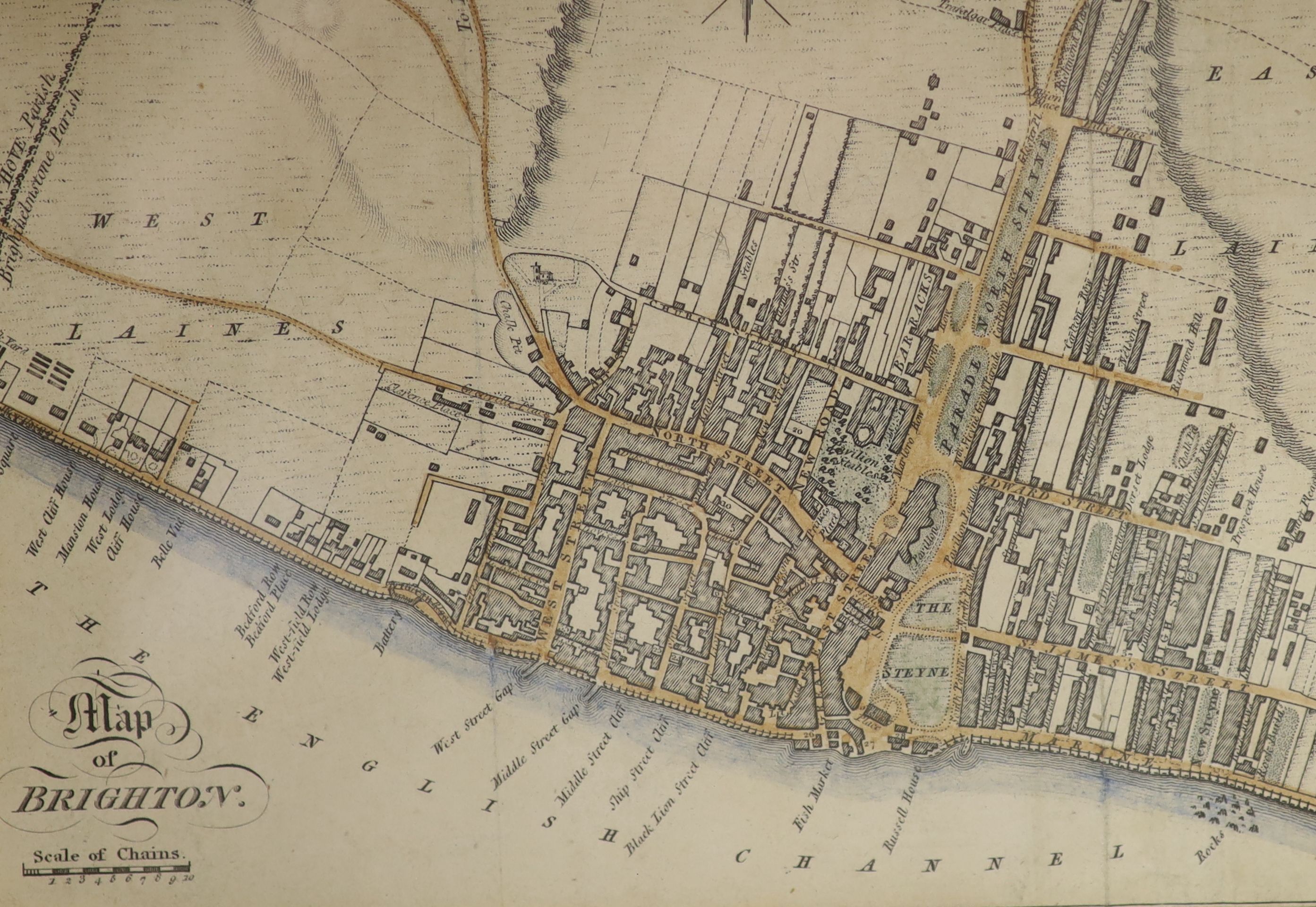 John Seller, coloured engraving, A chart of the sea coasts of Brazil, 13 x 15cm and two Map of Brighton, 12 x 17cm